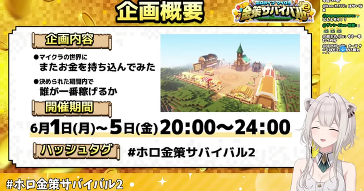 ホロライブの人気企画『ホロ金策サバイバル2』が6月1日より開催。獅白ぼたんGMによる5日間の『マインクラフト』金策バトル